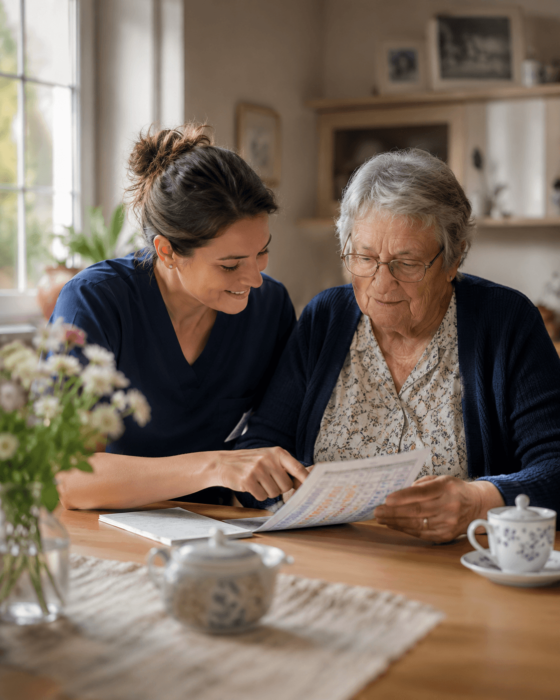 Pflegerin und Seniorin im gemeinsamen Gespräch